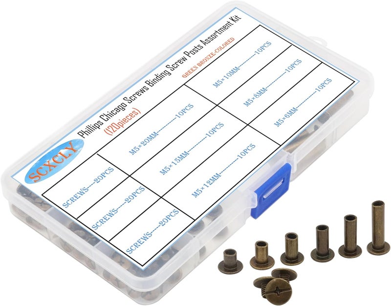 SCXCLY 120pcs Chicago Screws Binding Screw Posts Assortment Kit, 6 Sizes(M5 x 6/10/15/25/30/45mm), Plating (Green Bronze-Coloured) - Image 1